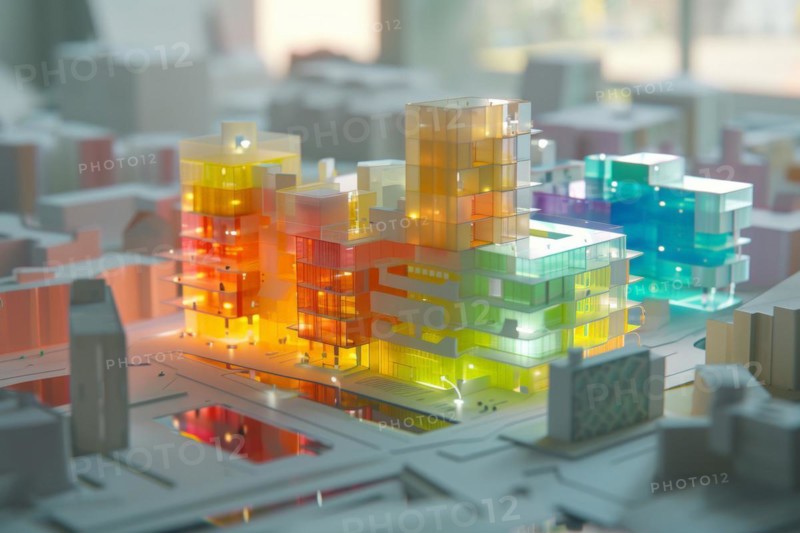 Architectural model made of plastic, illuminated, model making for architecture, design, architectural design of a modern residential neighbourhood, housing estate on a body of water, new construction, modern residential buildings, AI generated, AI generated, AI generated