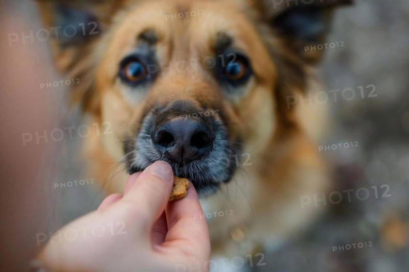 Close up of human giving dog treat to dog. KI generiert, generiert, AI generated