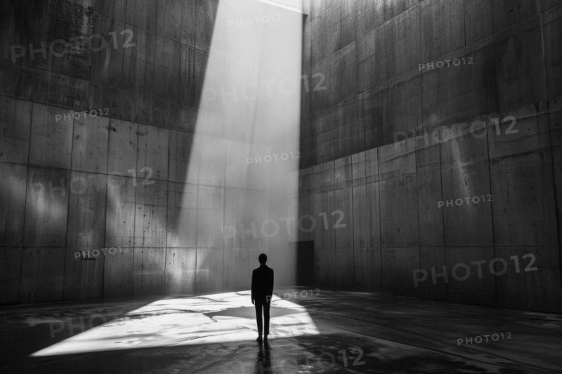 Silhouette of a man standing in a dreary hall, sunlight shining down through a gap, symbolising hope, depression, life crisis, grief, redemption, faith, psychology, AI generated, AI generated, AI generated