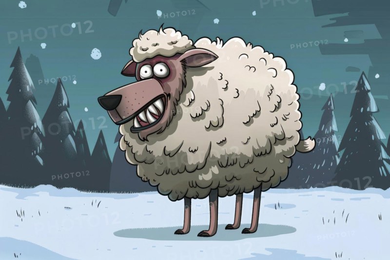 Illustration, funny caricature of a wolf in sheep's clothing, example of a figure of speech, metaphor, visualisation for an enemy disguised as a friend, AI generated, AI generated, AI generated