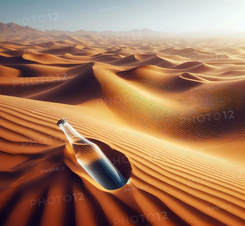A water bottle in a sandy desert, symbolic image desert, dryness, drought, thirst, lack of water, heat, water, AI generated, AI generated