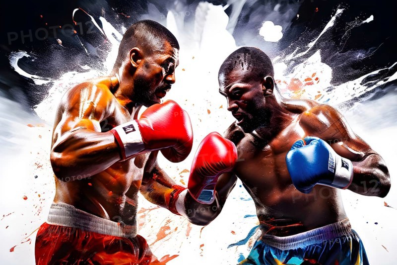 Illustration of dynamic boxing fighters mid action on a vibrant splash paint background, AI generated
