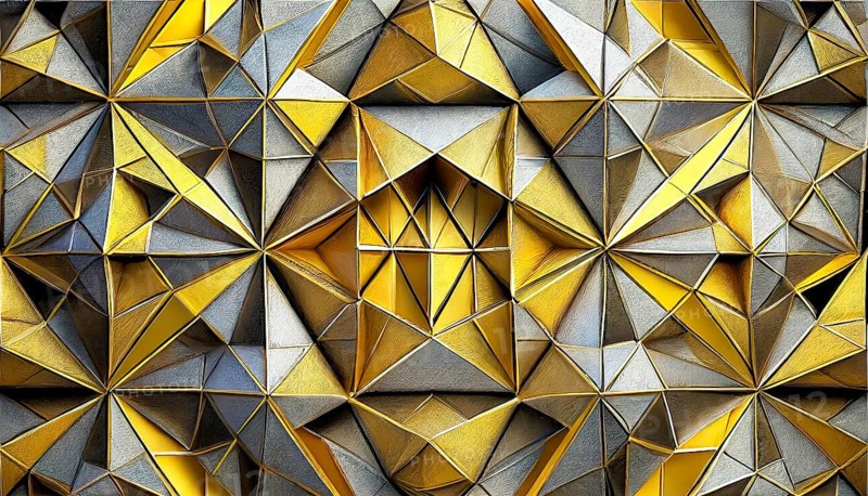 Art object, artistic digital design art, golden and silver triangles in shiny metal look in 3D, AI generated, AI generated