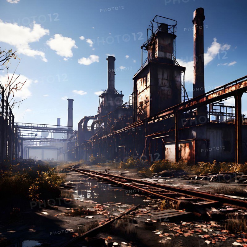 Abandoned factory vines embracing rusted skeletons of machinery whisper of bygone industrial era, AI generated