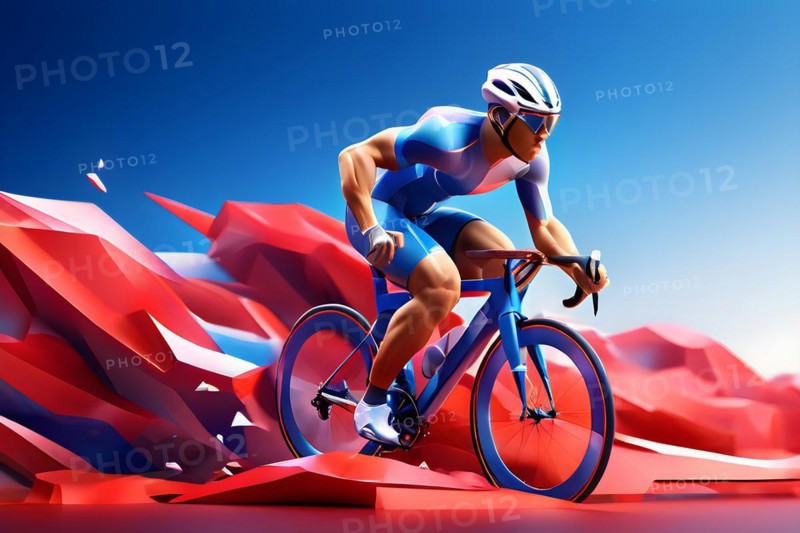Cycling athlete abstracted into fluid shapes that capture elegance and strength, colors in french tricolor blue, white and red, AI generated