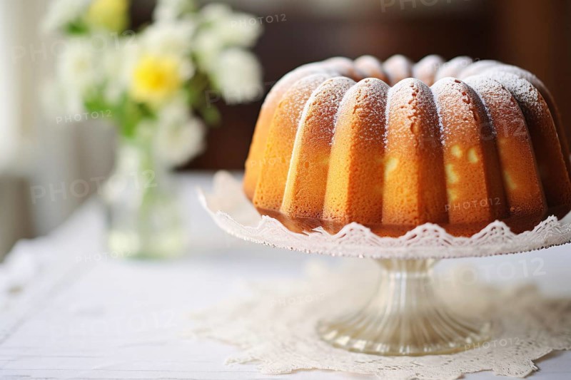 Round pund cake with sugar on cake stand. KI generiert, generiert AI generated
