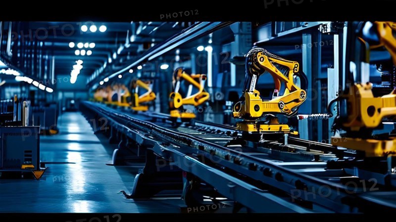 AI generated automotive assembly line in car manufacturing progression with automated machines