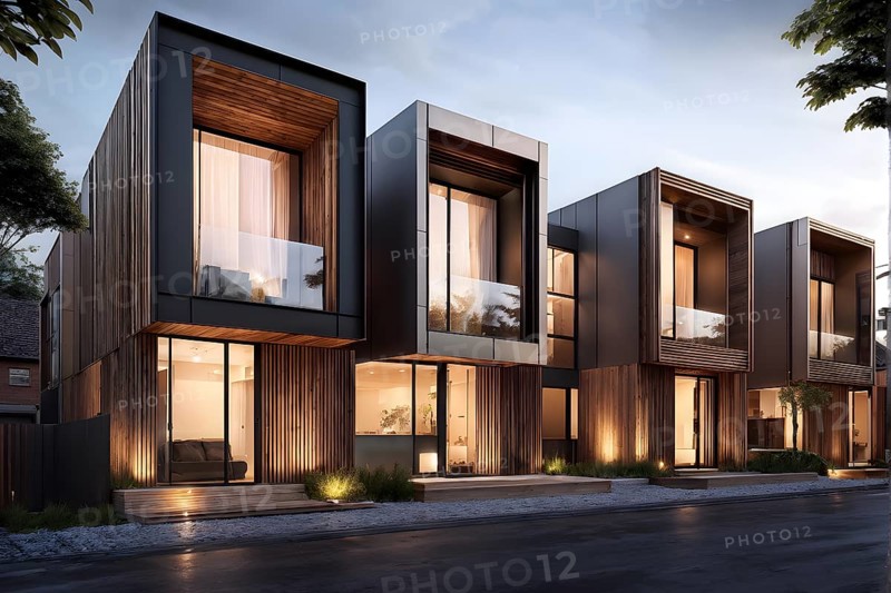 AI generated row of modern modular private townhouses featuring wooden cladding distinct panels