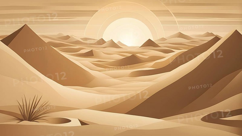 Abstract desert scene with triangular sand dunes and a single circular sun, using sharp lines and subtle gradients in neutral earth tones, AI generated