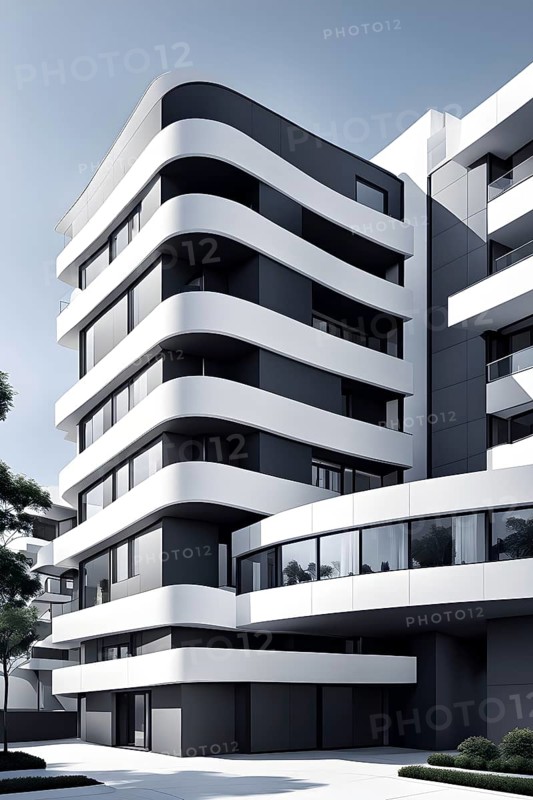 Rendering of a modern real estate apartment building in clean geometric forms in black and white, AI generated