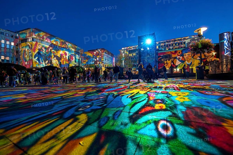 Essen Light Festival, in the city centre, light art on Kennedyplatz, the Berlin artist Daniel Margraf illuminates the large square in the city centre with works of art from the Essen Folkwang Museum, the visitors become part of the pictures that change with every step. North Rhine-Westphalia, Germany, Europe