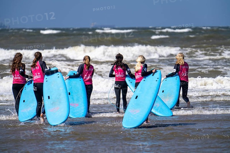 Course for surfers, surfing beginners, on the beach of Scheveningen, Netherlands