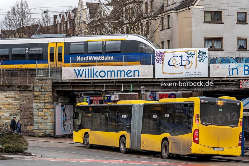 Ruhrbahn transport bus, at Essen-Borbeck S-Bahn station, interface between rail transport, Nordwestbahn and bus lines, in Essen, North Rhine-Westphalia, Germany, Europe
