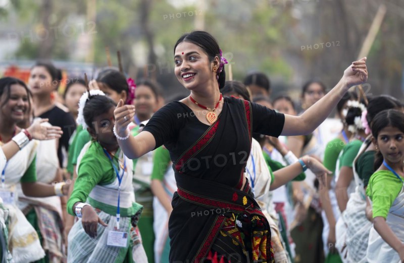 An instructor dance Bihu, as she teach participants during a Bihu dance workshop, ahead of Rongali Bihu festival, in Guwahati, Assam, India on 6 April 2024. Bihu dance is a traditional dance form from the state of Assam, associated with the Bihu festival, which marks the beginning of the Assamese New Year