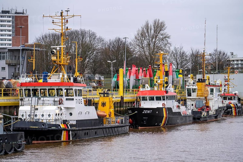 Bremerhaven buoy yard, where the navigation signs for the Outer Weser are maintained and deployed, belongs to the Weser-Jade-North Sea Waterways and Shipping Office, working and measuring vessels of the WSV, Federal Waterways and Shipping Administration, Bremen, Germany, Europe