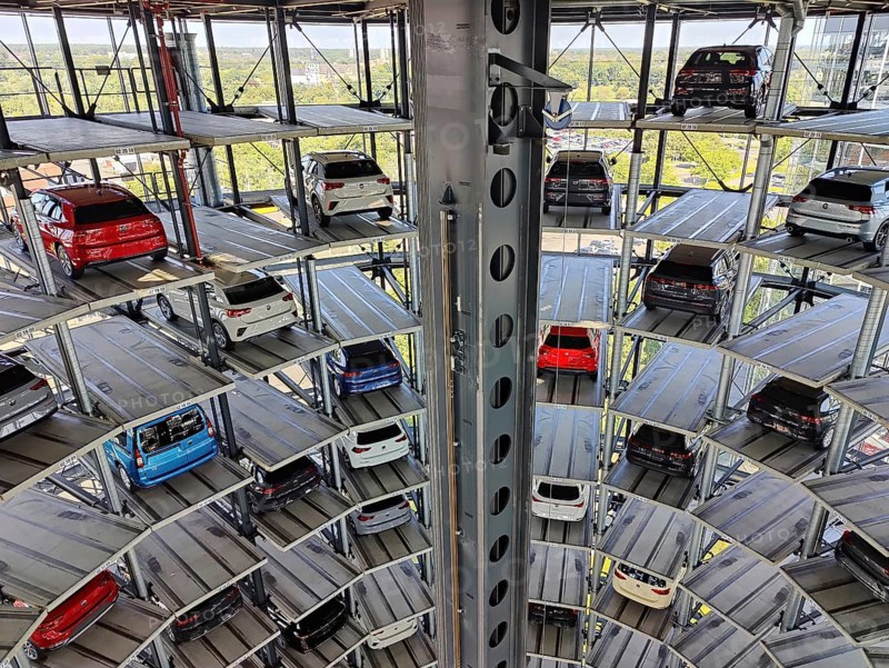 New cars for delivery in the Autoturm, interior view from top to bottom, Autostadt, Volkswagen AG, Wolfsburg, Lower Saxony, Germany, Europe