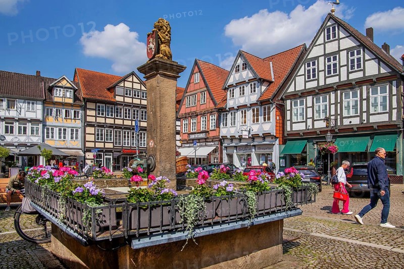 Fountain on the Großer Plan in the old town centre with typical half-timbered houses, Celle, Lüneburg Heath, Lower Saxony, Germany, Europe