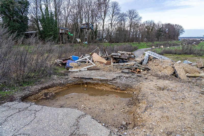 Barricades, obstacles, in the camp of climate activists in the rest of the village of Lützerath, which is the last place to be excavated at the Garzweiler 2 open-cast lignite mine, North Rhine-Westphalia, Germany, Europe