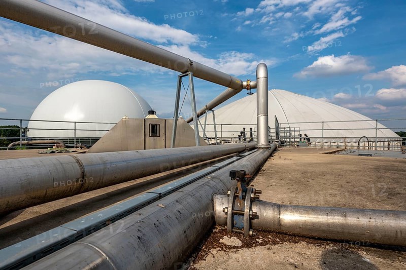 Biogas plant, gas storage, with dome, use of solid manure as energy source, gas pipelines, on a farm near Lippling, close to Delbrück in East Westphalia, in the district of Paderborn, 1.5 megawatts of electrical power, production of district heating for homes in the region, North Rhine-Westphalia, Germany, Europe