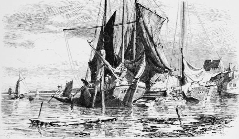 Ewer on the Elbe, flat-bottomed ship, shallow water, two-master, harbour, raft, Germany, historical illustration 1880, Europe