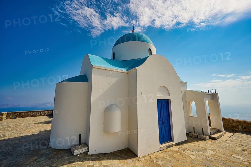 White church with blue dome and blue door under a clear Mediterranean sky, Church of Profitis Ilias, above Nikia, Nikia, Nisyros, Dodecanese, Greek Islands, Greece, Europe