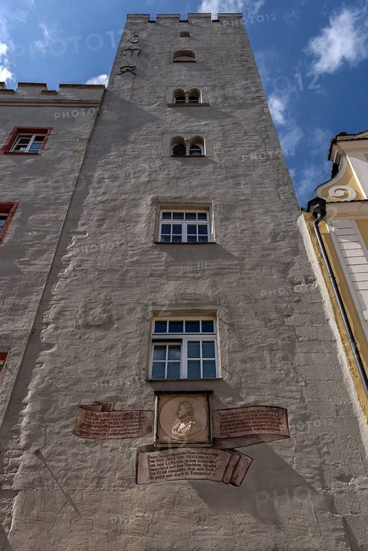 Tower of a former patrician castle, now a hotel, Haidplatz, Regensburg, Upper Palatinate, Bavaria, Germany, Europe
