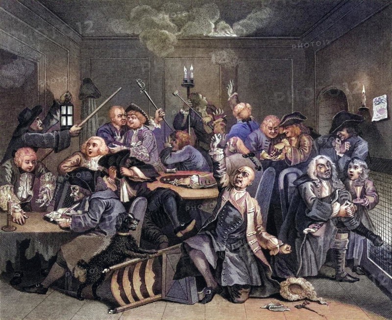 The Rakes Progress Gaming house scene From the original picture by Hogarth from The Works of Hogarth published London 1833, Historisch, digital restaurierte Reproduktion von einer Vorlage aus dem 19. Jahrhundert, Record date not stated