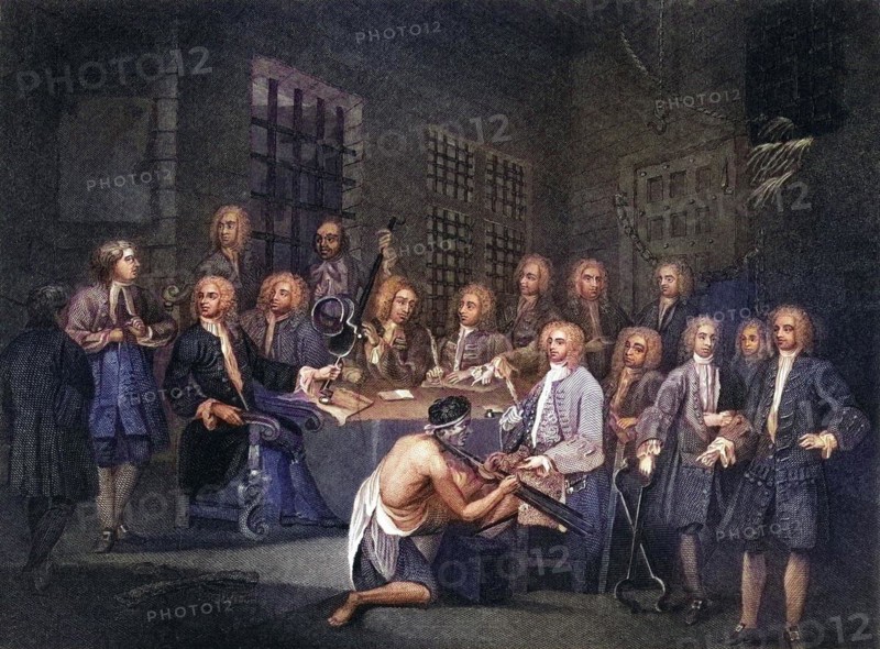 Bambridge on Trial for Murder by a committee of the House of Commons Engraved by S Bull after Hogarth from The Works of Hogarth published London 1833, Historisch, digital restaurierte Reproduktion von einer Vorlage aus dem 19. Jahrhundert, Record date not stated