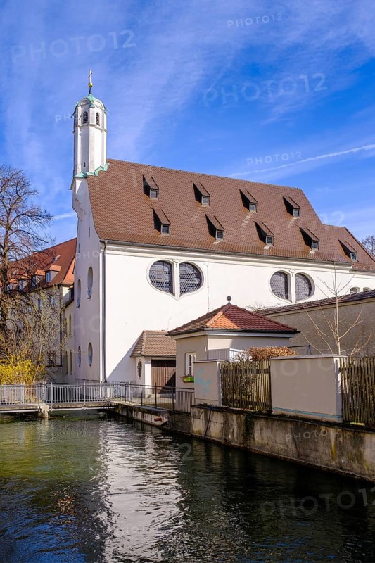 St Ursula am Schwallech, city canal, Augsburg, Swabia, Bavaria, Germany, Europe