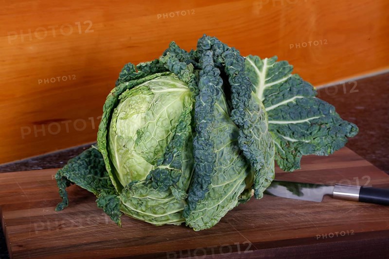 Swabian cuisine, preparation of savoy cabbage, wild boar medallions with savoy cabbage cakes, vegetables, healthy, raw savoy cabbage head on cutting board, kitchen knife, home cooking, typical Swabian cuisine, traditional cuisine reinterpreted, food photography, studio, Germany, Europe