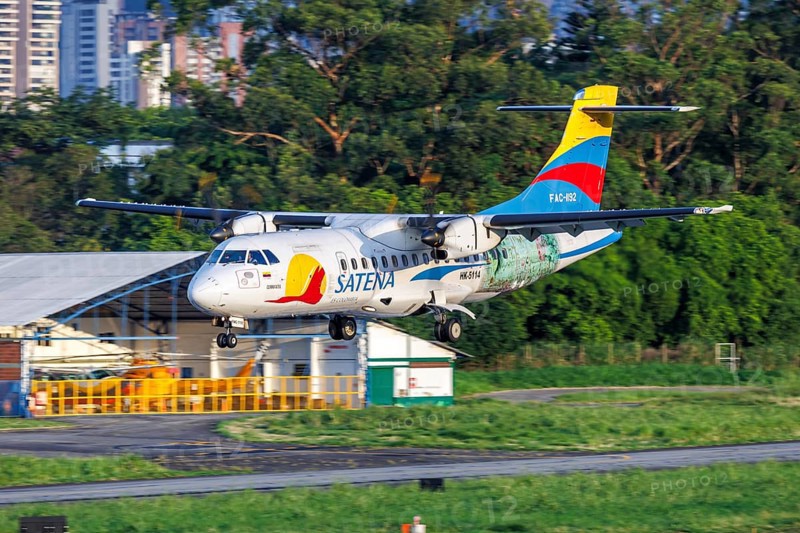 A SATENA ATR 42-600 aircraft with registration HK-5114 at Enrique Olaya Herrera Airport in Medellin, Colombia, South America
