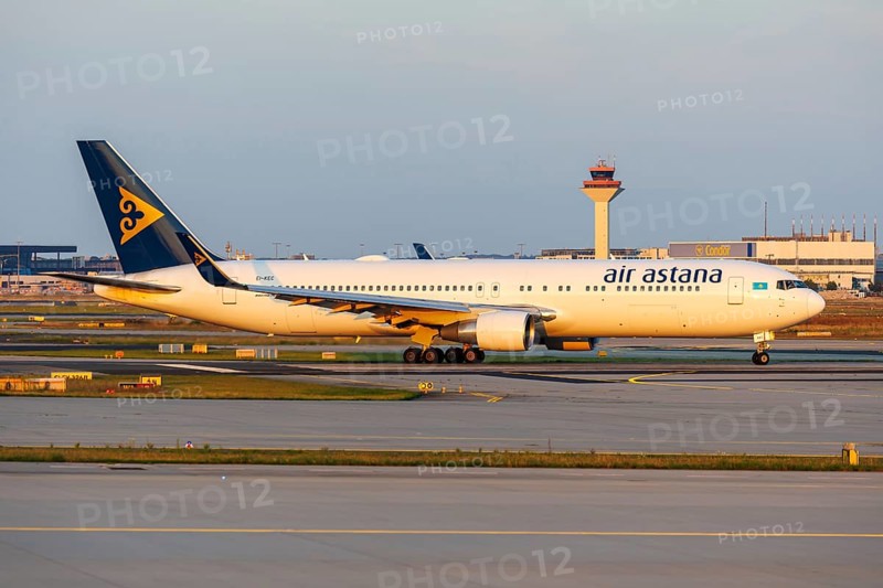 An Air Astana Boeing 767-300ER aircraft with the registration EI-KEC at Frankfurt Airport, Germany, Europe
