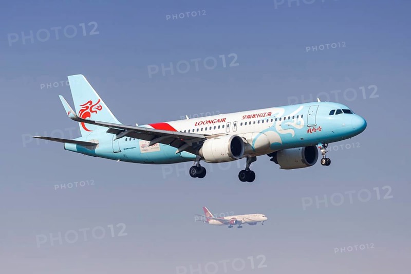 A Loongair Airbus A320neo aircraft with the registration B-307G at Pudong Airport (PVG) in Shanghai, China, Asia