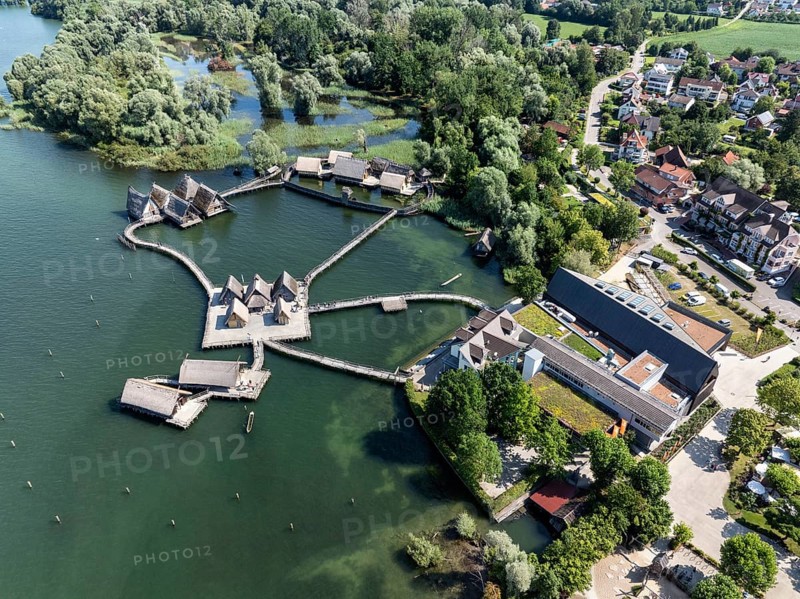 Aerial view of the pile dwellings, Lake Dwelling Museum, Open Air Museum Unteruhldingen, Uhldingen-Mühlhofen, Lake Constance, Lake Constance, Baden-Württemberg, Germany, Europe