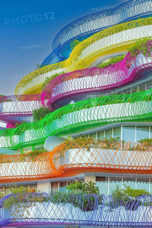 Modern apartment building with colourful balcony decorations, Eivissa, Ibiza Town, Ibiza, Balearic Islands, Mediterranean, Spain, Europe
