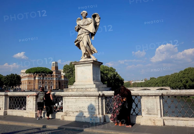 Statue of the angel with the sweat cloth on the Angels' Bridge over the Tiber, Rome, Italy, Europe