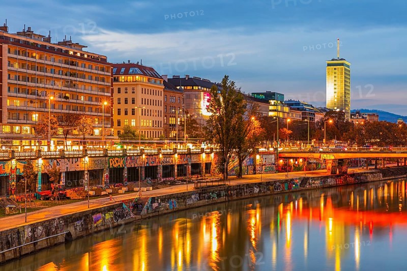 Illuminated Franz-Josefs Quay on the Danube Canal, evening mood, Vienna Austria