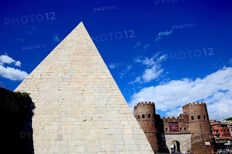Pyramid of Cestius, Pyramid of Caius Cestius, Piramide Cestia, Piramide di Caio Cestio, tomb of the Roman praetor and tribune Gaius Cestius Epulo and Porta San Paolo, city gate of the Aurelian Wall, Rome, Italy, Europe