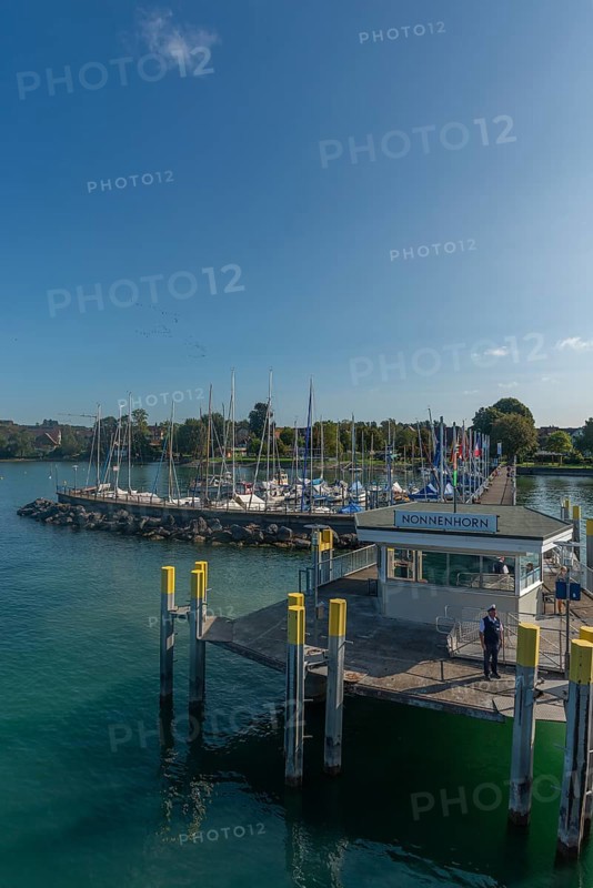 Nonnenhorn on Lake Constance, jetty, marina, townscape, blue sky, Bavaria, Germany, Europe