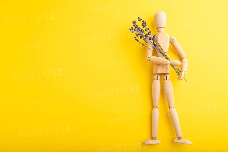 Wooden mannequin holding lavender flowers on yellow pastel background. copy space, isolated, summer, gardening concept