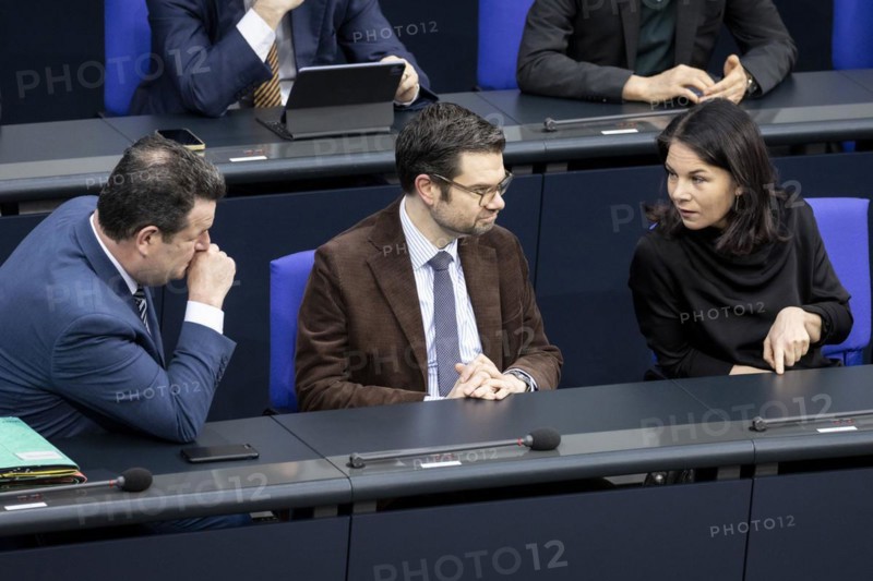 Hubertus Heil (SPD), Federal Minister of Labour and Social Affairs, Marco Buschmann (FDP), Federal Minister of Justice, and Annalena Bärbock (Alliance 90/The Greens), Federal Minister of Foreign Affairs, pictured in the German Bundestag in Berlin, 15/03/2024