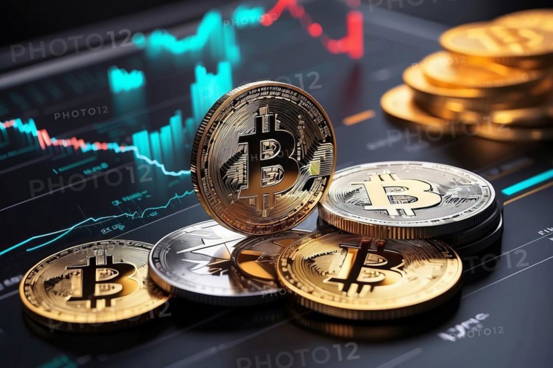 A stack of bitcoins with a B on top. The coins are gold and silver. The coins are on a table with a graph in the background, AI generated