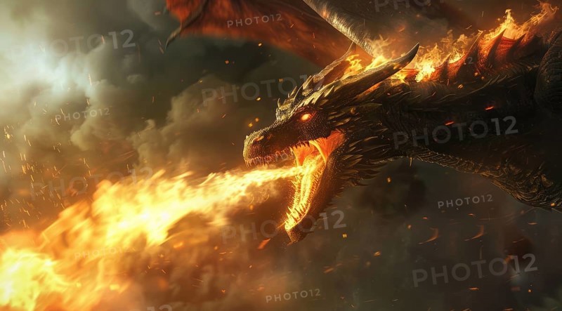Flying dragon is spewing fire from its mouth, AI generated