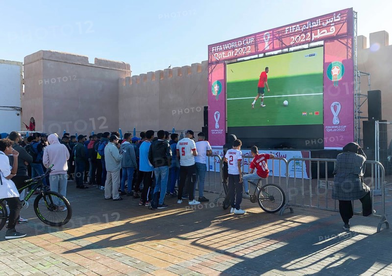 Crowd building up football match in FIFA World Cup, Qatar 2022, Essaouira, Morocco, north Africa, Africa