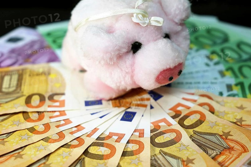 Euro banknotes with a pig as a symbol of good luck