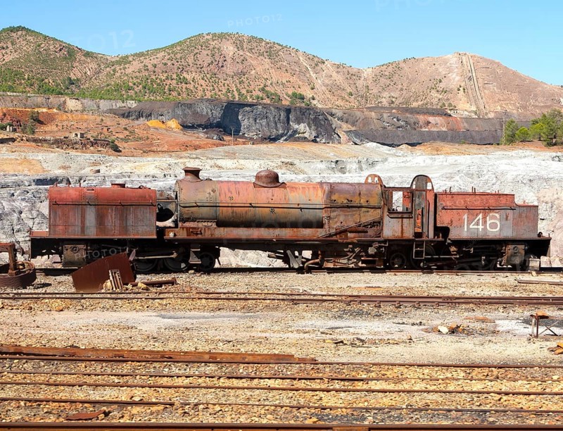 Old rusty abandoned steam train in the Rio Tinto mining area, Minas de Riotinto, Huelva province, Spain, Europe