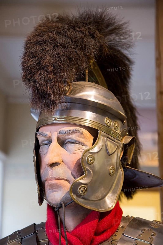 Roman soldier mannequin model wearing. helmet. With permission of Wiltshire Museum, Devizes, England, UK