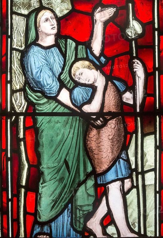 Stained glass window church of Saint John, Saxmundham, Suffolk, England, UK, Hagar and Ishmael in exile, Harry Ellis Wooldridge for Powell & Sons, 1870s