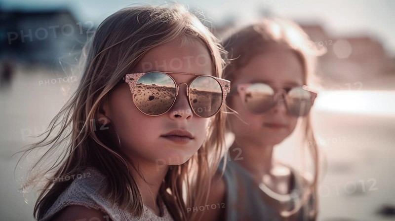 Two young girlfriends posing wearing sunglasses having fun on the beach, generatvie AI, AI generated