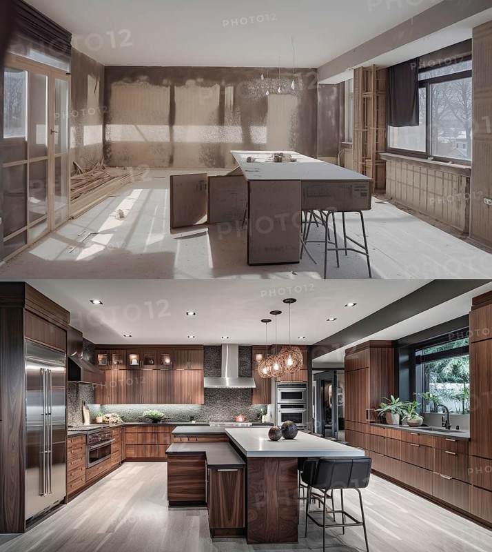 Luxurious custom kitchen upgrade interior before and after construction, generative AI, AI generated
